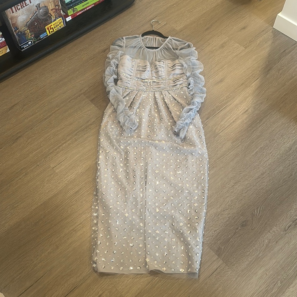 Self-Portrait Long Sleeves Mesh Rhinestone Embellished Midi Dress